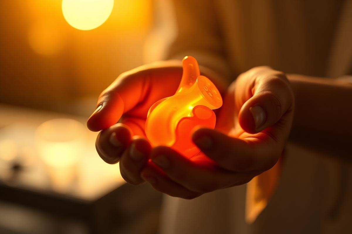 Hands cradling an illuminated organ research model